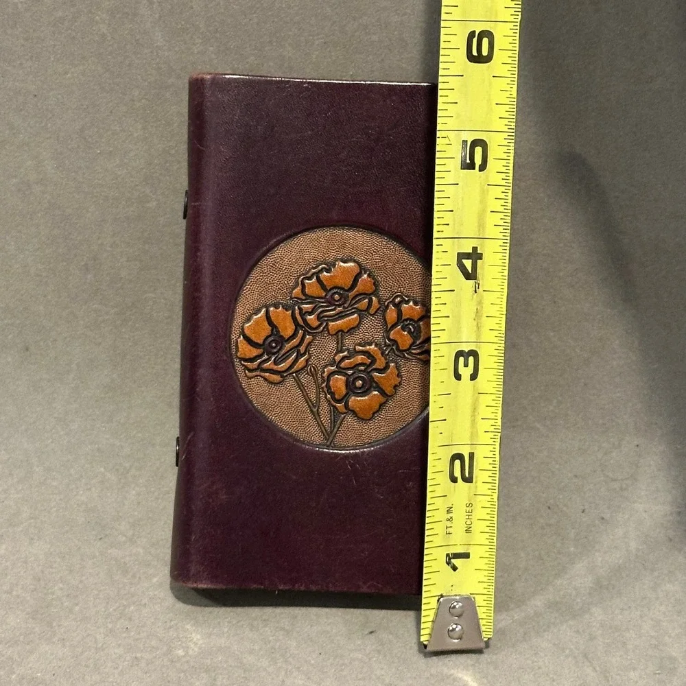 Vintage Tooled Leather Pocket Address Book Purple Poppy Floral Hand Crafted 5.5